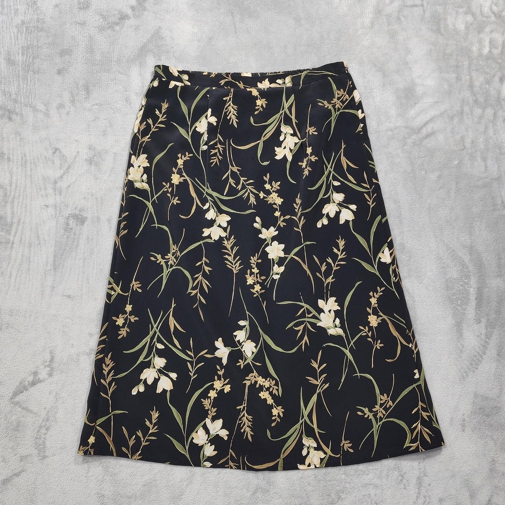 Vintage AGB Skirt Womens 8 PETITE Black Floral A-Line Pull On Knee Length Preppy